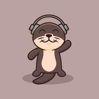 Cute Otter With Headphone Cartoon Vector Illustration. Animal Nature Isolated. Flat Cartoon Style.