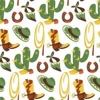 Cowboy seamless pattern with boots, hats, horseshoe, lasso, bandana and cacti on a white background. Vector flat graphics. Western packaging, themed party in green, yellow. Printing on textiles, paper