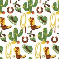 Cowboy seamless pattern with boots, hats, horseshoe, lasso, bandana and cacti on a white background. Vector flat graphics. Western packaging, themed party in green, yellow. Printing on textiles, paper