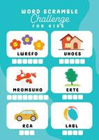 flat design vector fun learning english word scramble printable for kids activity