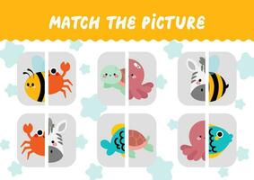 flat design vector fun match the picture puzzle cut and paste printable for kids activity