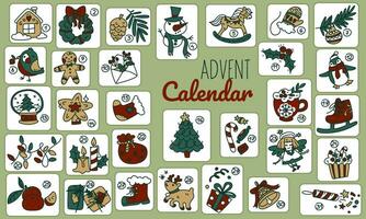 Vector Christmas Advent calendar in retro style. Collection of vector illustrations with animals. Christmas pictures with festive elements for 31 days. Framed items