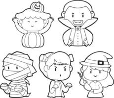 Vector lineart. Cute Kids Wearing Halloween Costume simple lineart vectors