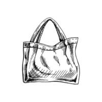 dibujado a mano eco bolso bosquejo. ecológico concepto, naturaleza proteccion, textil lino bolsa. garabatear dibujo. Clásico ilustración. vector