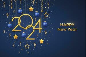 Happy New 2024 Year. Hanging Golden metallic numbers 2024 with shining 3D metallic stars, balls and confetti on blue background. New Year greeting card, banner template. Realistic Vector illustration.