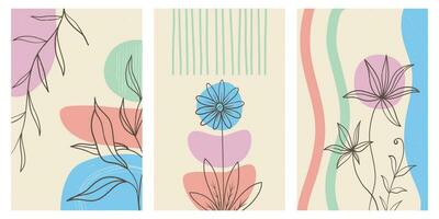 Collection of contemporary art posters in pastel colors. Abstract paper cut geometric elements and strokes, leaves and dots. Great deisgn for social media, postcards, print. vector