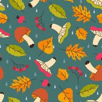 Autumn seamless pattern with berries, mushrooms and leaves. Vector graphics.