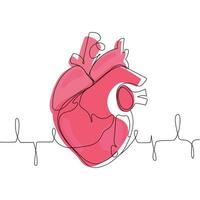 anatómico humano corazón uno línea dibujo.linea Arte vector ilustración. médico anatómico concepto.resumen rojo humano corazón con cardiograma. Arte tatuaje.salud cuidado concepto.moderno logotipo, impresión, cartel