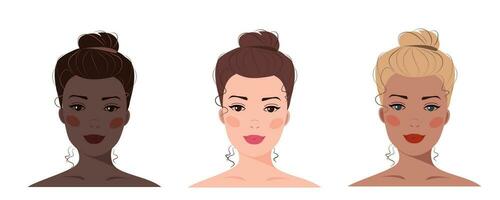 Vector illustration of women faces with a hair bun with different skin and hair colors. Avatar for a social network. Vector flat illustration, web, design, beauty, make up and social media.