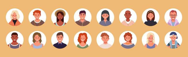 haz de personas avatares. usuario retratos en círculos masculino y hembra humano cara iconos sonriente caracteres. plano dibujos animados vector ilustración.