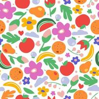 Seamless pattern with abstract summer bright pattern for background, fabric, kitchen textiles. Simple flowers, fruits, berries, leaves, natural elements. Vector graphics.