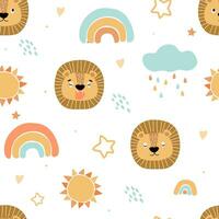 Seamless pattern with childish simple pattern with lions, rainbow, sun, starry sky with clouds. Vector graphics.