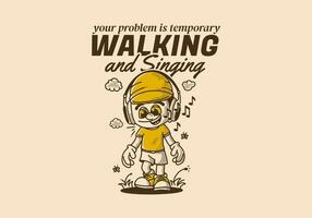 Singing and walking, a boy character wearing big headphone walking alone vector