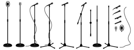 Microphones on counters and microphones and stands separately for design. Vector silhouette cliparts set. Retro and modern.