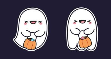 Cute Kawaii Ghost With Pumpkin and Candy Illustration vector