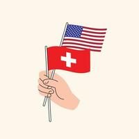 Cartoon Hand Holding United States And Swiss Flags. USA and Switzerland Relations vector