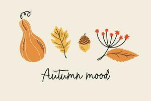 Autumn composition with hand drawn botanical elements. Vector fall illustration with squash, oak leaf, berries, acorn and Autumn mood slogan.