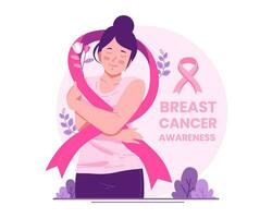 Breast Cancer Awareness Month. A Woman With a Ribbon Pink As a Concern and Support for Women With Breast Cancer. Women Health Solidarity and Disease Prevention Campaign vector