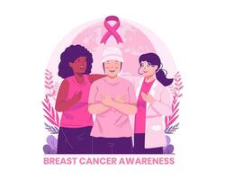 Breast Cancer Awareness Month. Female Friends Supporting a Woman With Breast Cancer. Disease Prevention, Solidarity, Charity and Support Campaign vector