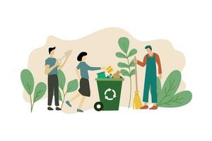 Sustainable practice flat design vector illustration in daily life. characters with an environmentally friendly lifestyle.