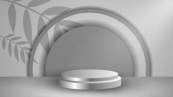 Abstract white 3D room with realistic white cylindrical pedestal podium set and shadow overlay of palm leaves. Minimal scene for product display presentation. Vector geometric platform.