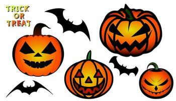 conjunto vectorial de halloween, cara de calabaza riendo aterradora y murciélagos negros voladores vector