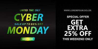 Cyber monday sale with neon green to bright blue gradient color typography on black textured background vector