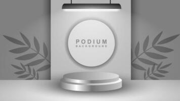 Abstract white 3D room with realistic white cylindrical pedestal podium set and shadow overlay of palm leaves. Minimal scene for product display presentation. Vector geometric platform.