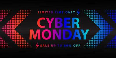 Cyber monday sale banner with bright red to blue gradient color typography on background vector