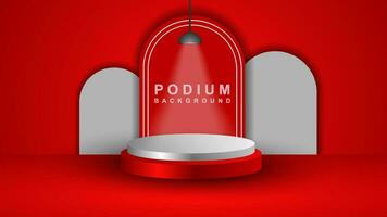 3D abstract studio room with pedestal podium. Red and pastel geometric platform with overlapping circles background. Modern minimal scene for cosmetic product demonstration. Showcase, Showcase vector