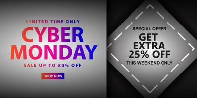 Cyber monday sale banner with bright red to blue gradient color typography on background vector