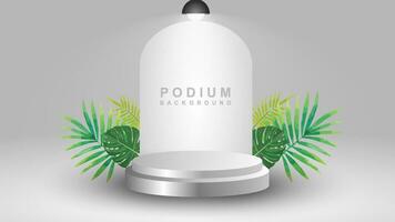 Abstract white 3D room with realistic white cylindrical pedestal podium set and shadow overlay of palm leaves. Minimal scene for product display presentation. Vector geometric platform.