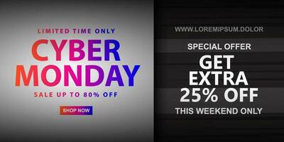 Cyber monday sale banner with bright red to blue gradient color typography on background vector