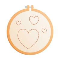 Embroidery hoop with stitched hearts. Vector isolated illustration