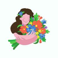 Young woman with a bouquet. Girl with flowers. Mother's Day, congratulations. Women's Day. Vector illustration on a white isolated background.