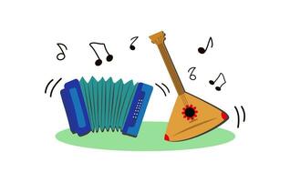 Musical instruments. Playing the harmonica and balalaika. Russian traditions, folklore. Song, music. Note signs. Cartoon Vector illustration.