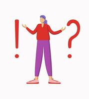 Modern woman with question and exclamation marks. Young thinking man. Problem and solution concept. Question and answer. Dilemma and understanding. Vector flat illustration. Isolated background.