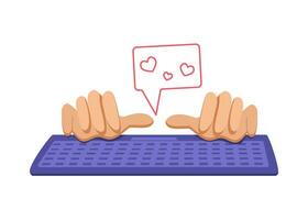 Hands with a keyboard computer. Chat, online communication, love letter. Heart shape. vector