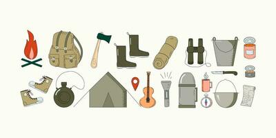 Tourism Icons. Set for travel, hike. Tourist inventory and tools. Doodle, vector illustration on a white isolated background.