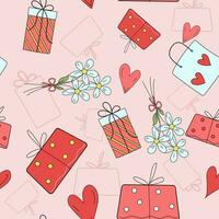 Vector pattern gifts, hearts, a bouquet of flowers, holiday packaging.