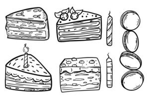 Set piece of sliced cake. Macarons. Birthday. isolated object. Doodle style vector