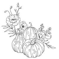 Pumpkins with Wildflowers Line Art Illustration, Outline Pumpkin arrangement Hand Drawn Illustration. Coloring Page with Pumpkins.  Thanksgiving Pumpkins and Poppy set. Thanksgiving Pumpkins set vector