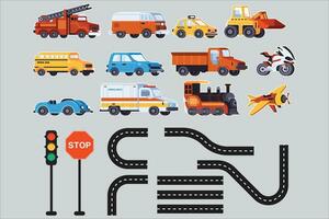 PrintCollection of means of transportation. traffic signs, and various types of roads. Vector illustration collection.