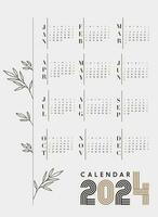 calendar year 2024. The week starts on Sunday. Simple calendar layout. Desk planner template with 12 months. Annual diary. leaf and simplicity theme. Vector illustration