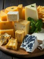 Cheese platter with different types of cheese, close-up Cheese collection photo