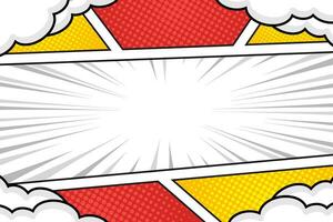 Red and yellow pop art comic book background with clouds vector