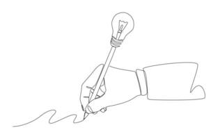 Continuous one line drawing of businessman hand holding pen with light bulb tip drawing line, creativity in work concept, single line design vector illustration.