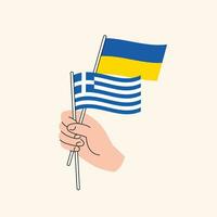 Cartoon Hand Holding Ukrainian And Greek Flags. Ukraine and Greece Relations vector