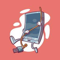 Smartphone character hanging on USB cord vector illustration. Tech, communication, energy design concept.