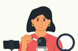 Blogging Concept. Woman Creating ASMR Content. Vector Flat Illustration